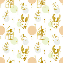 Seamless vector pattern Christmas in gold and champagne color. Repeating, winter, festive, hand drawn in doodle style.Design for textiles, fabric,wrapping paper, scrapbook paper, packaging.