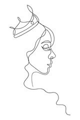 The face of the woman long hair wearing a tiara   continuous line drawing. Abstract minimal woman portrait, fashion concept, woman beauty minimalist, slogan design print graphics style,vector illustra © vensto