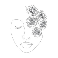 Abstract poster  minimal woman face with rose.The face of the woman  with rose flower continuous line drawing. One line drawing  minimal woman portrait, fashion concept, woman beauty minimalist, sloga