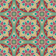 Abstract seamless mandala background. Texture in blue, red and white colors. Oriental pattern for design, fashion print, scrapbookin