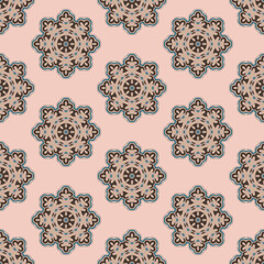 Vector seamless background. Round texture. Endless hand-drawn colorful pattern. Use for wallpaper, textile, book cover, clothes, carpet. Make in pink, brown and blue colors