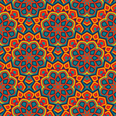 Abstract seamless backdrop. Design for prints, textile, decor, fabric. Round colorful texture in red, blue and yellow colors