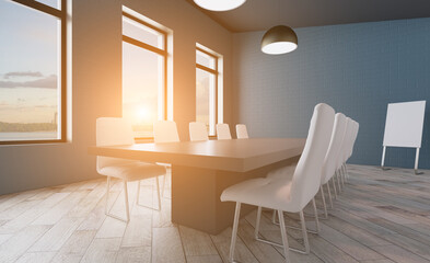 Modern office building interior. 3D rendering.. Sunset