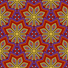 Abstract seamless backdrop. Design for prints, textile, decor, fabric. Round colorful endless texture in red, yellow and violet colors