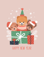 Happy New Year greeting card. Vector cartoon illustration with three cute cartoon puppies in Christmas hats looking out from behind gift boxes. Small dogs in Santa hats. Isolated on background