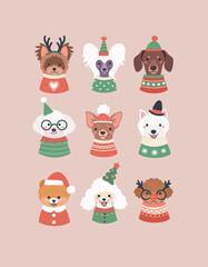 Christmas collection of dogs. Vector illustration with cartoon portraits of cute dogs in cozy Christmas sweaters, costumes and funny hats. Isolated on background