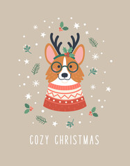 Cozy Christmas greeting card. Vector cartoon illustration with cute cartoon Corgi dog in red winter sweater and reindeer horn, surrounded by snow, stars and Christmas plants. Isolated on background