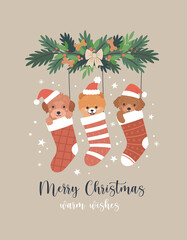 Christmas greeting card. Vector cartoon illustration with three cute cartoon puppies in Christmas red socks. Small dogs in Santa hats. Isolated on background