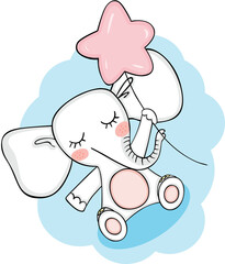 Baby white elephant flying holding a star shaped balloon in sky
