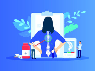 Spondylosis pain vector illustration. Pain in the spine, illustration with highlighted skeleton