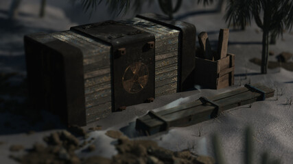 Old box on sand with nuclear logo in desert