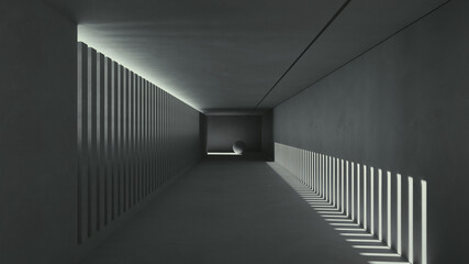 Сonceptual black and white corridor with strip lights from concrete 3d render
