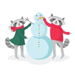 New Year or Christmas card. Two cute raccoons making a snowman. Vector flat cartoon illustration.