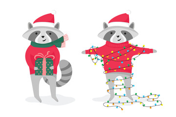 Obraz premium Two cute holiday raccoons with gift and garland. Happy New Year and Merry Christmas. Vector flat cartoon illustration.