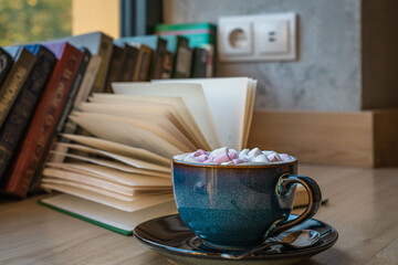 Mug of cocoa with marshmallows on the background of an open book