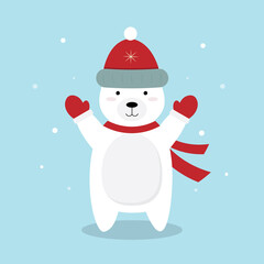 Cute cartoon polar bear in winter hat