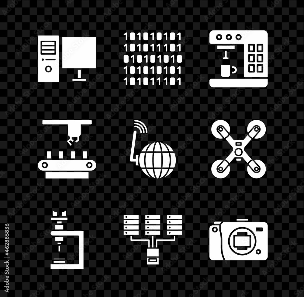 Poster set computer monitor, binary code, coffee machine, microscope, server, data, web hosting, mirrorless