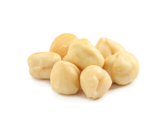 Tasty organic hazelnuts on white background. Healthy snack