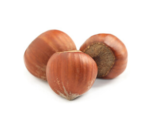 Tasty organic hazelnuts on white background. Healthy snack