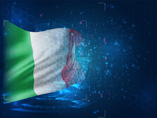 Italy, vector 3d flag on blue background with hud interfaces