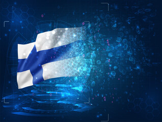 Finland, vector 3d flag on blue background with hud interfaces