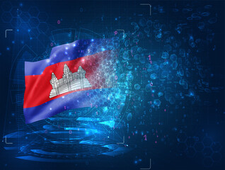 Cambodia, vector 3d flag on blue background with hud interfaces