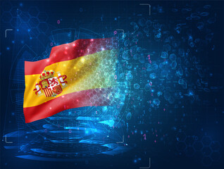 Spain, vector 3d flag on blue background with hud interfaces