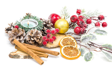 Colorful christmas and new year background isolated on white background, collage of fir branches, holiday toys and wooden cuts. New Year and Christmas 2022.