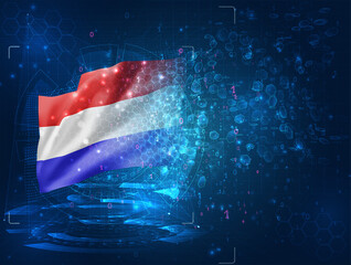 Netherlands, vector 3d flag on blue background with hud interfaces