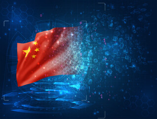 China, vector 3d flag on blue background with hud interfaces