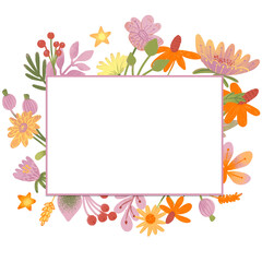 Wreath with autumn  yellow, orange flowers, foliage and red berries Hand drawn. Can  be used as postcard, invitation template, greeting card.