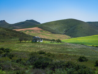 Fototapeta na wymiar A house in countryside among the rolling hills of Overberg Western Cape South Africa