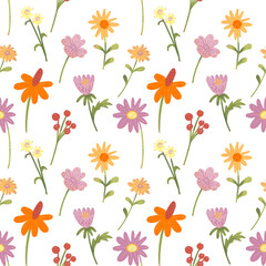 Seamless pattern with  autumn  yellow, orange flowers, foliage and red berries Hand drawn. Can  be used as postcard, invitation template, greeting card. wrapping paper, design for any products.