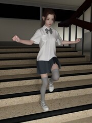 Schoolgirl goes down the stairs, she is coming out from school. Lesson are over and she is free. 3d rendering