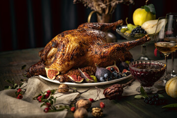 Close-up festive decorated table with roasted turkey and season traditional vegetables. Figs, pumpkins. Thanksgiving day