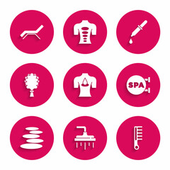 Set Massage with aroma oils, Shower head, Hairbrush, Spa salon, Stack hot stones, Sauna broom, Pipette and Sunbed and umbrella icon. Vector