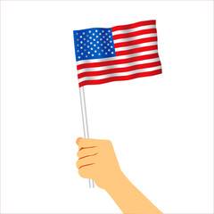 State waving flag of the United States of America. White, blue, red national colors. Flat raster illustration.