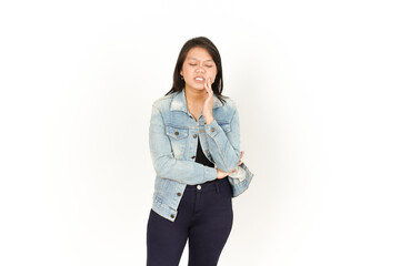 Toothache of Beautiful Asian Woman Wearing Jeans Jacket and black shirt Isolated On White Background