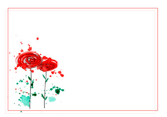 red watercolor poppies, greeting card template with beautiful watercolor poppies, paint splashes