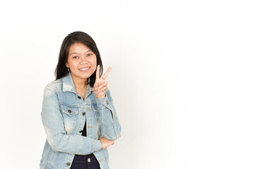 Showing Peace or Victory Sign of Beautiful Asian Woman Wearing Jeans Jacket and black shirt Isolated On White Background