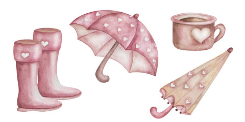 Watercolor illustration hand painted open and closed pink umbrella with hearts, rubber boots, cup of coffee. Isolated rural camping clip art for rainy season, fabric textile design, postcards, poster