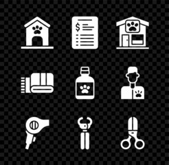 Set Dog house and paw print, Grooming salon price list, Pet grooming, Hair dryer, nail clippers, Scissors hairdresser, Towel stack and medicine bottle icon. Vector