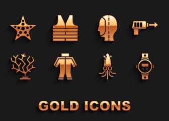 Set Wetsuit, Fishing harpoon, Diving watch, Octopus, Coral, hood, Starfish and Life jacket icon. Vector