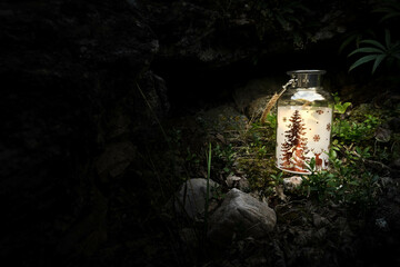 lanterne de noël illuminée dans la forêt © Lauradev