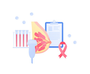 Human breast cancer checkup and treatment concept. Vector flat medical illustration. Pink ribbon awareness month symbol. Pills and test tube. Design for healthcare, oncology.