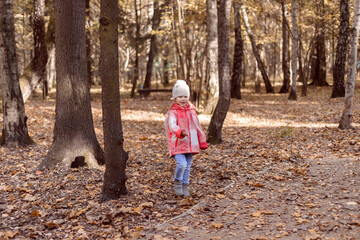 5 year old little girl in an orange jacket and jeans in autumn park.