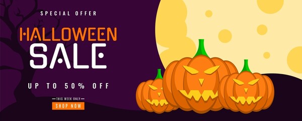 Halloween sale background with pumpkin and spider web elements. Very suitable for banner, poster, flyer, advertising, etc