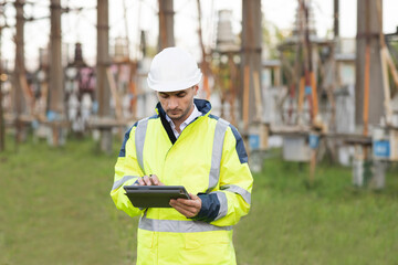 Man standing near high voltage substation and typing on device. Male engineer in uniform and helmet standing outdoor and tapping on tablet