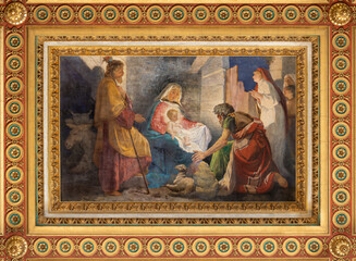 Obraz na płótnie Canvas ROME, ITALY - AUGUST 31, 2021: The ceiling fresco of Adoration of shepherds in the church Chiesa del Sacro Cuore di Gesù by Virginio Monti (1852 - 1942).