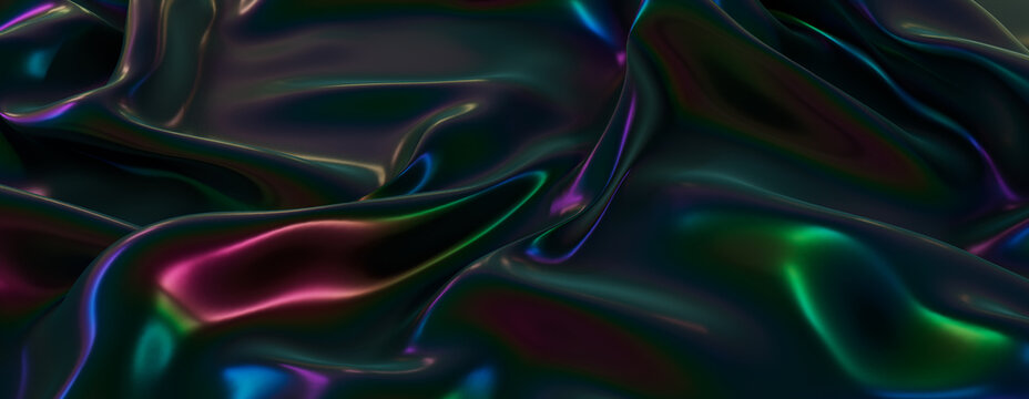 Black Liquid Background with Undulations. Wavy Texture with Neon Accents.